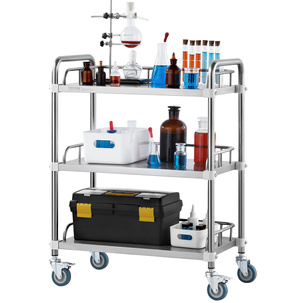 Lab Rolling Cart 3-Shelf Stainless Steel Serving Cart Swivel Casters Clinic