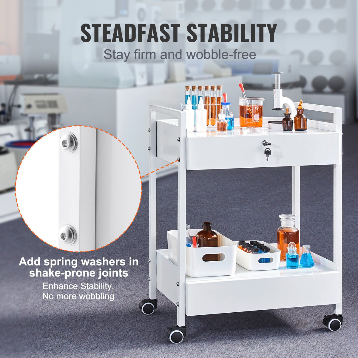 Lab Cart 2-Tier Stainless Steel Utility Rolling Cart Drawers Medical White