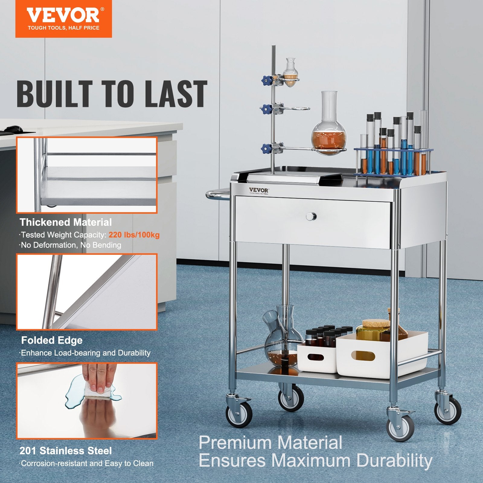 2-Layer Stainless Steel Medical Cart, 100 kg Capacity with Drawer & 360° Wheels