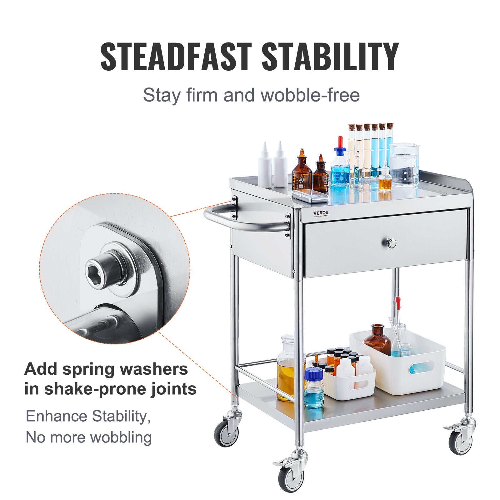 2-Layer Stainless Steel Medical Cart, 100 kg Capacity with Drawer & 360° Wheels