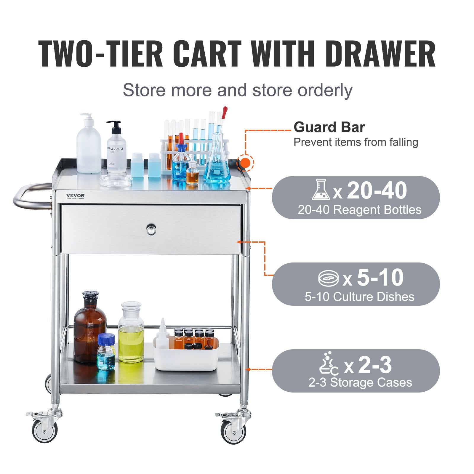 2-Layer Stainless Steel Medical Cart, 100 kg Capacity with Drawer & 360° Wheels