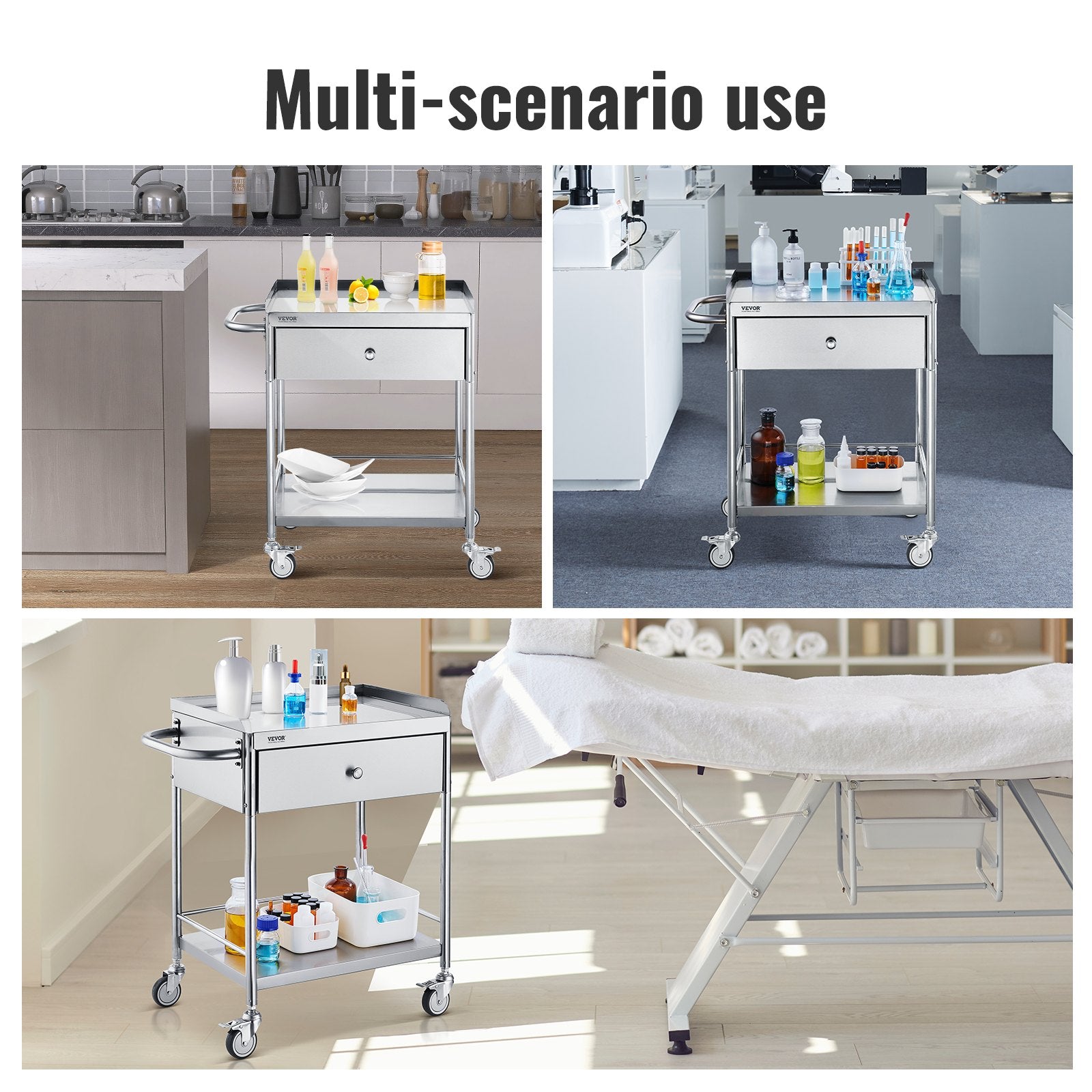 2-Layer Stainless Steel Medical Cart, 100 kg Capacity with Drawer & 360° Wheels