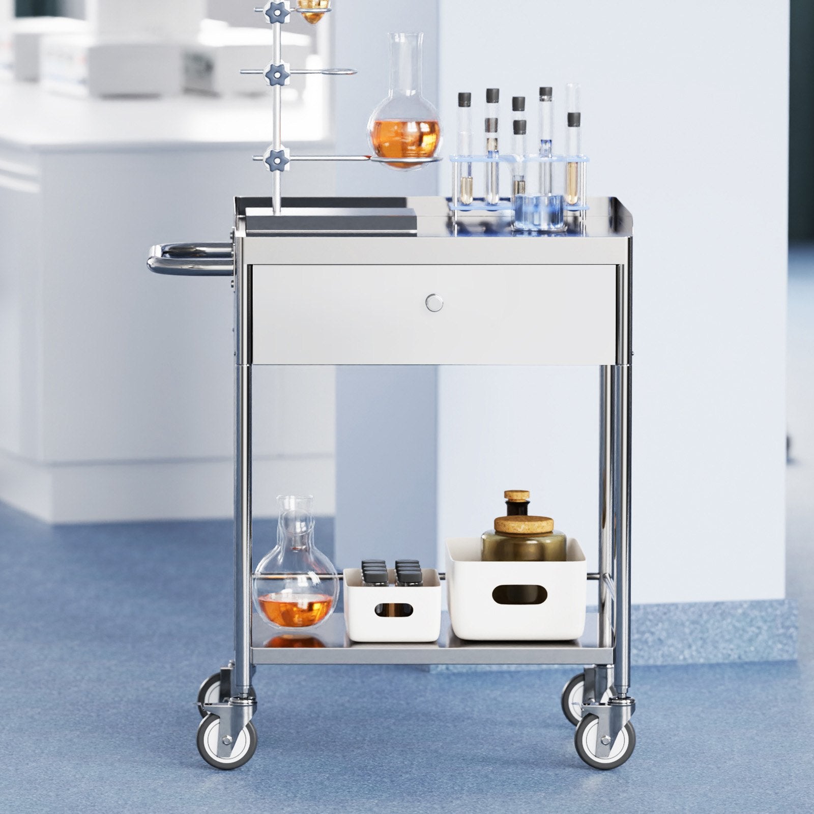 2-Layer Stainless Steel Medical Cart, 100 kg Capacity with Drawer & 360° Wheels