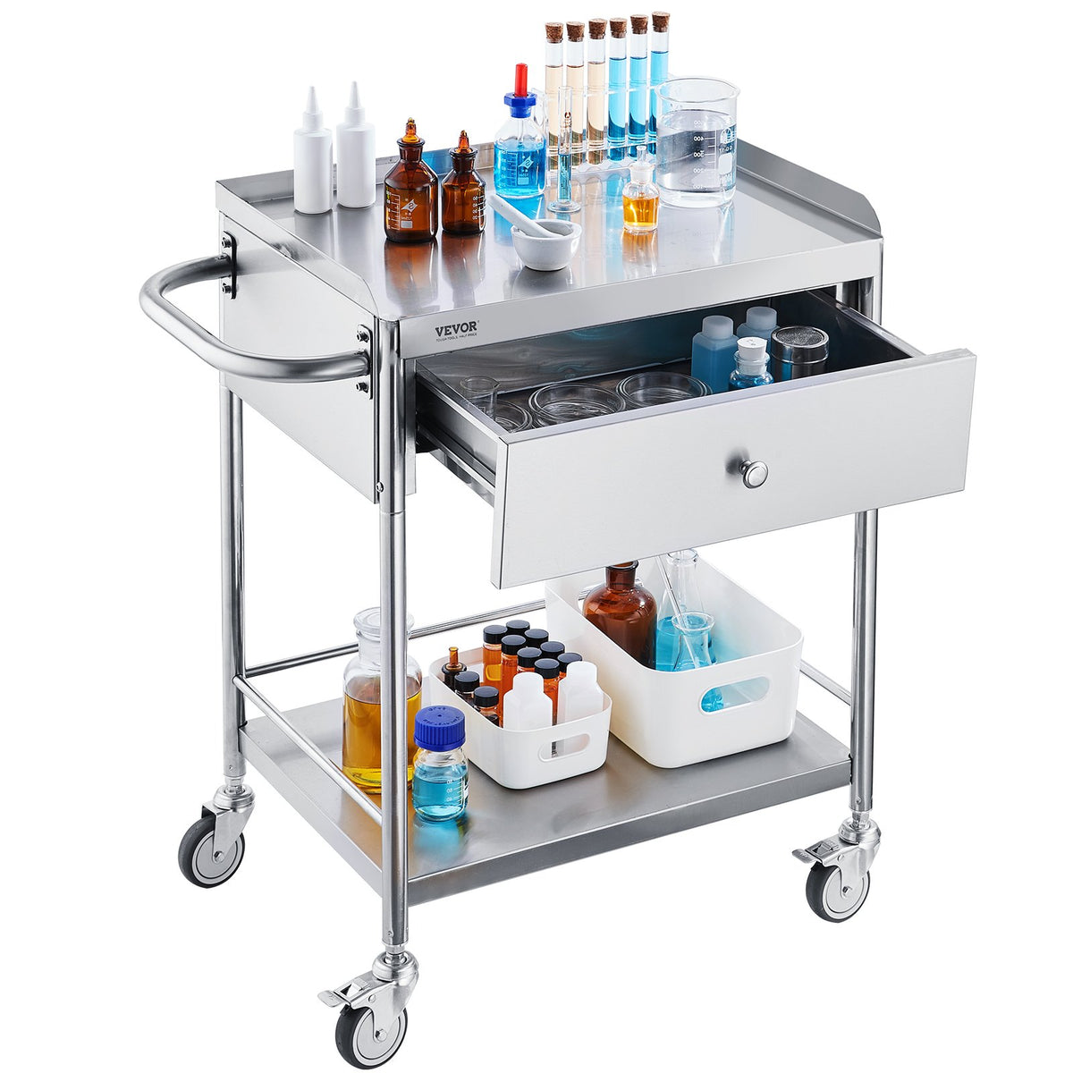 2-Layer Stainless Steel Medical Cart, 100 kg Capacity with Drawer & 360° Wheels