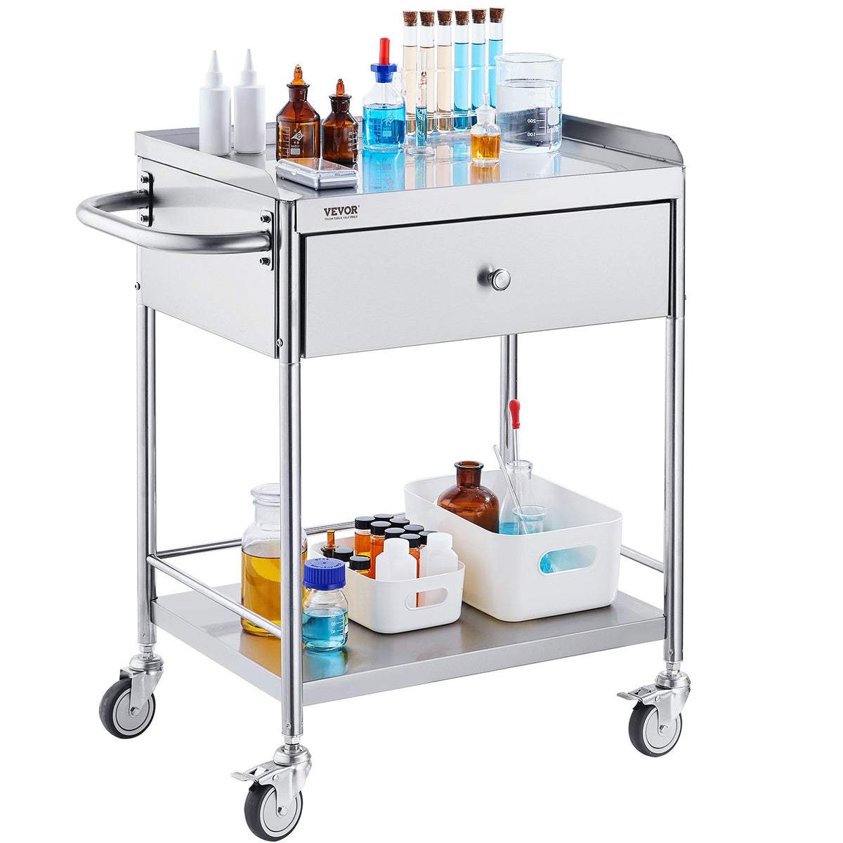 2-Layer Stainless Steel Medical Cart, 100 kg Capacity with Drawer & 360° Wheels