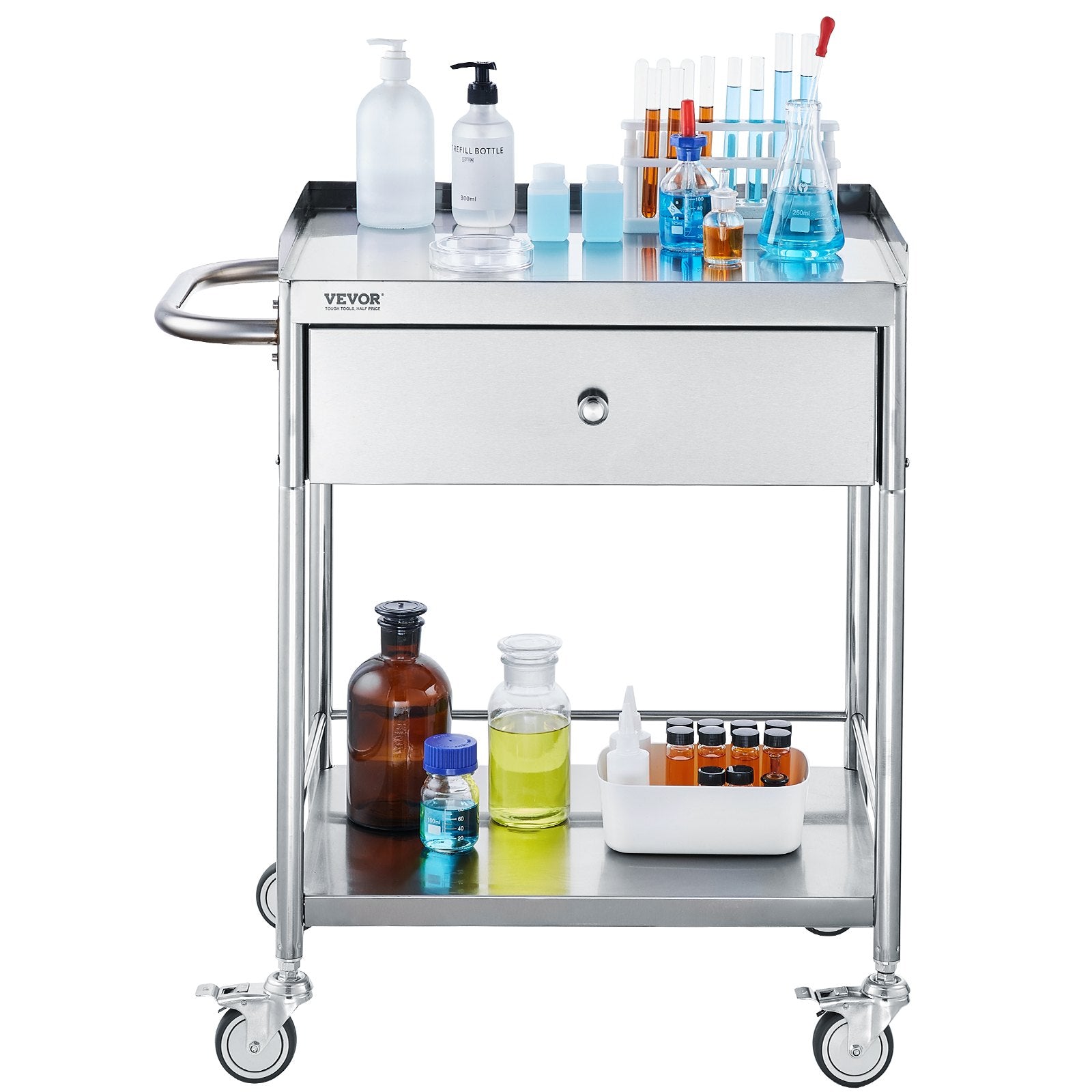 2-Layer Stainless Steel Medical Cart, 100 kg Capacity with Drawer & 360° Wheels