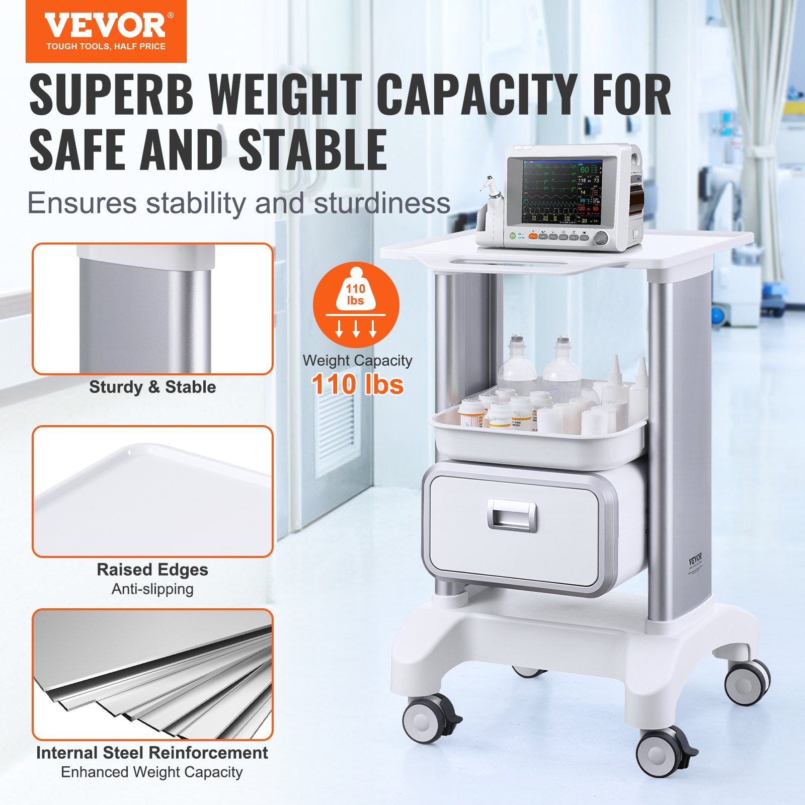 Lab Cart 2 Tier with Drawer Top Tray ABS Mobile Rolling 4 Silent Wheels White