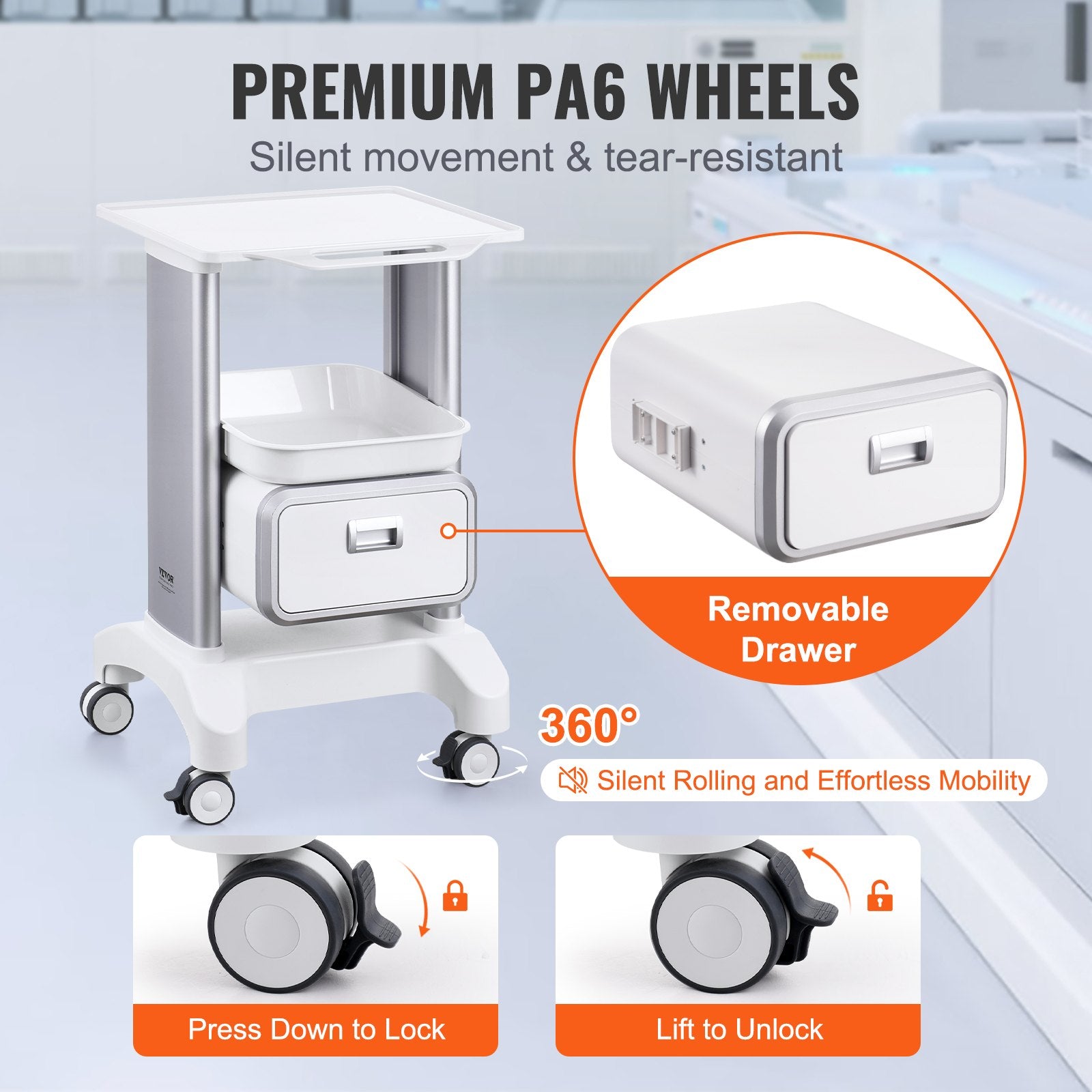 Lab Cart 2 Tier with Drawer Top Tray ABS Mobile Rolling 4 Silent Wheels White