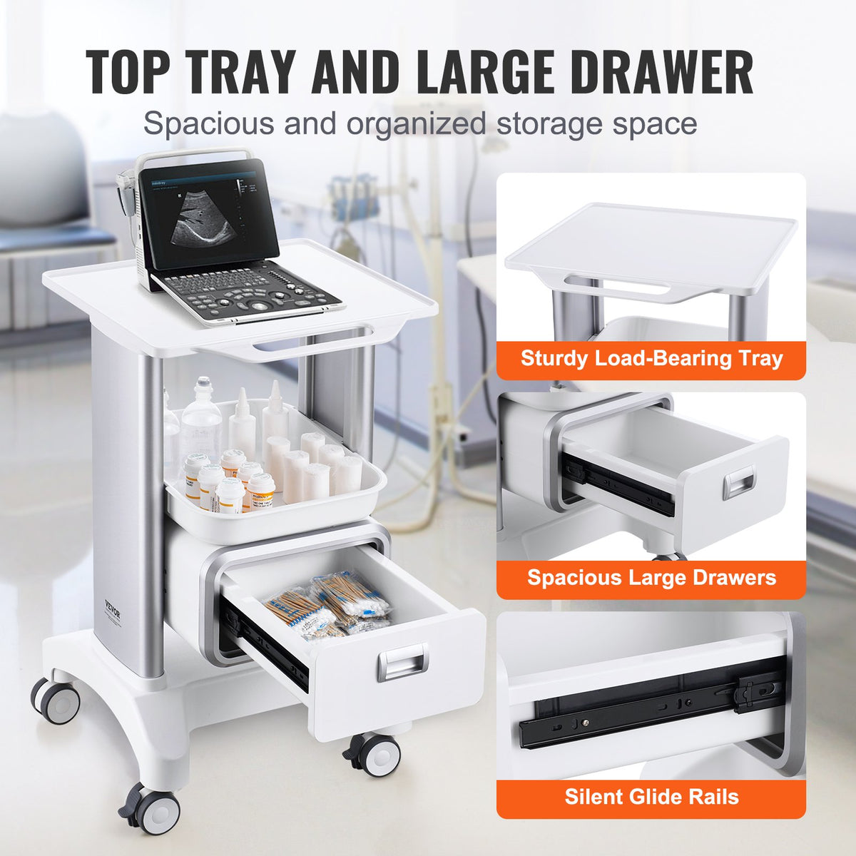 Lab Cart 2 Tier with Drawer Top Tray ABS Mobile Rolling 4 Silent Wheels White