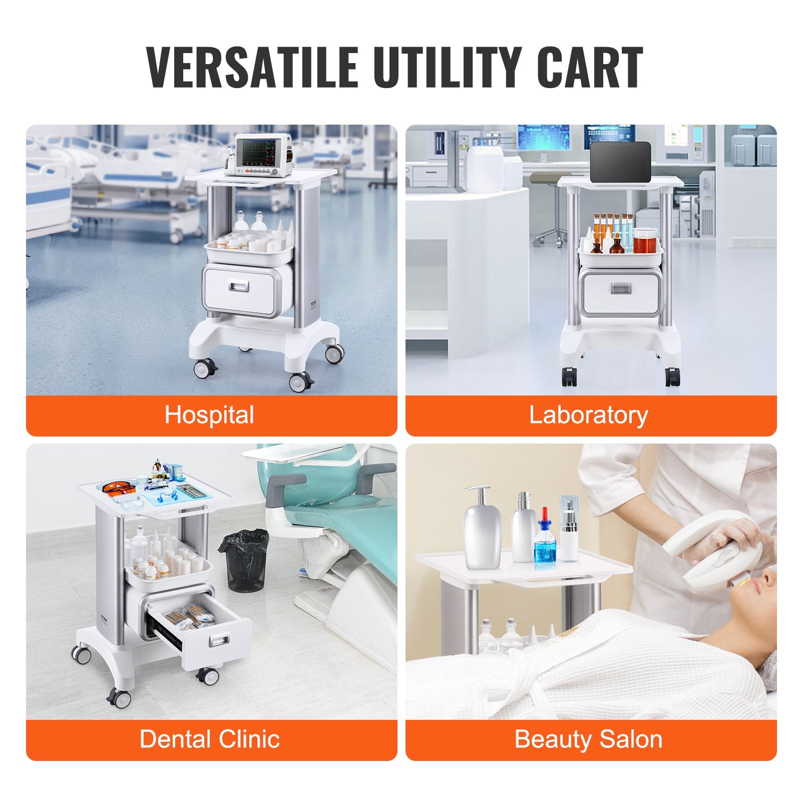 Lab Cart 2 Tier with Drawer Top Tray ABS Mobile Rolling 4 Silent Wheels White