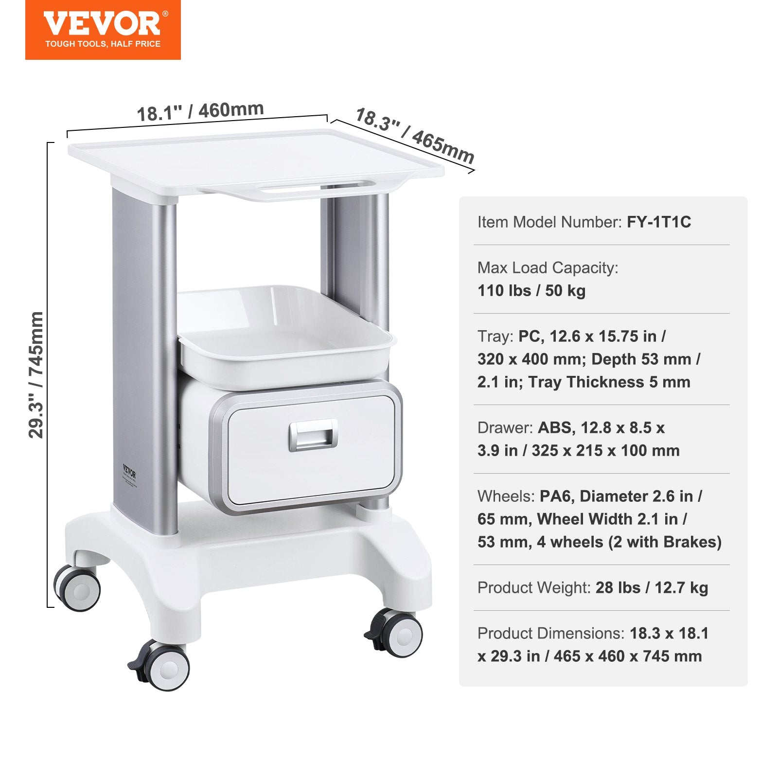 Lab Cart 2 Tier with Drawer Top Tray ABS Mobile Rolling 4 Silent Wheels White