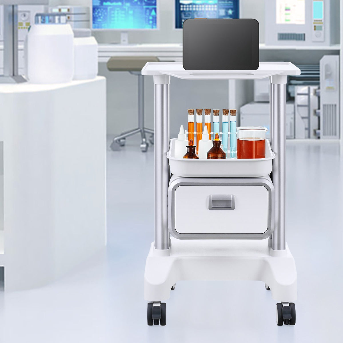 Lab Cart 2 Tier with Drawer Top Tray ABS Mobile Rolling 4 Silent Wheels White