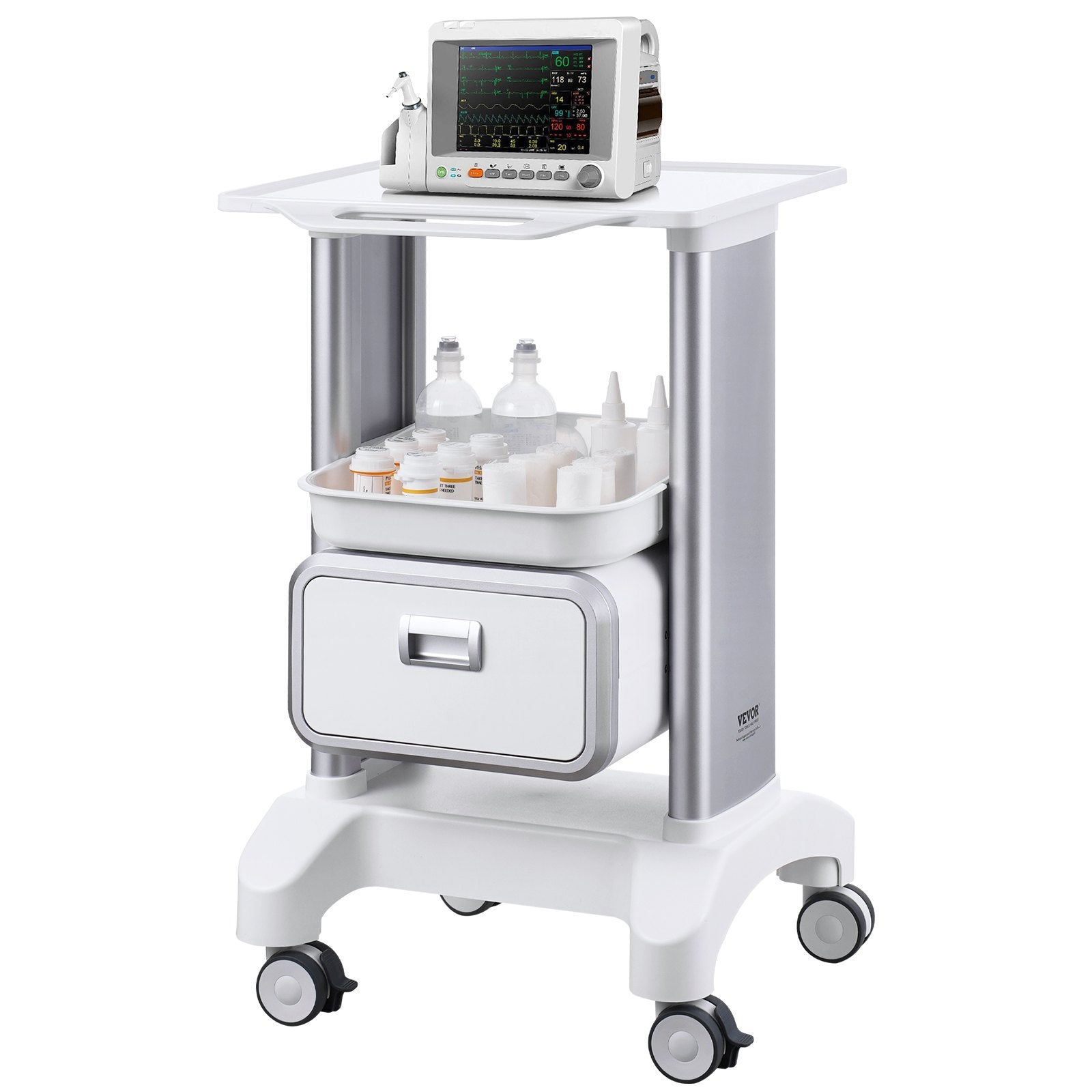 Lab Cart 2 Tier with Drawer Top Tray ABS Mobile Rolling 4 Silent Wheels White