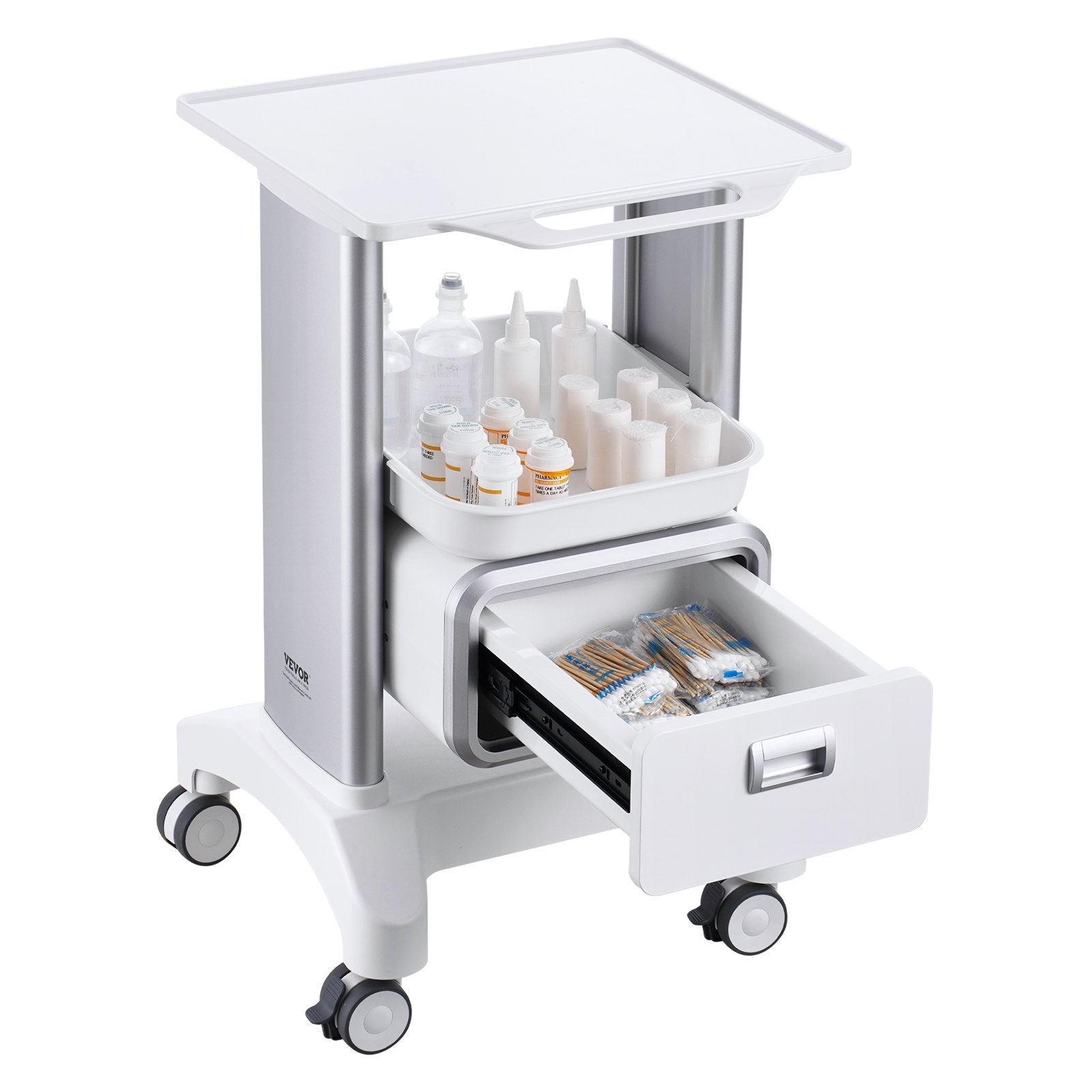 Lab Cart 2 Tier with Drawer Top Tray ABS Mobile Rolling 4 Silent Wheels White