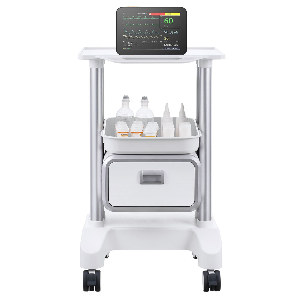Lab Cart 2 Tier with Drawer Top Tray ABS Mobile Rolling 4 Silent Wheels White