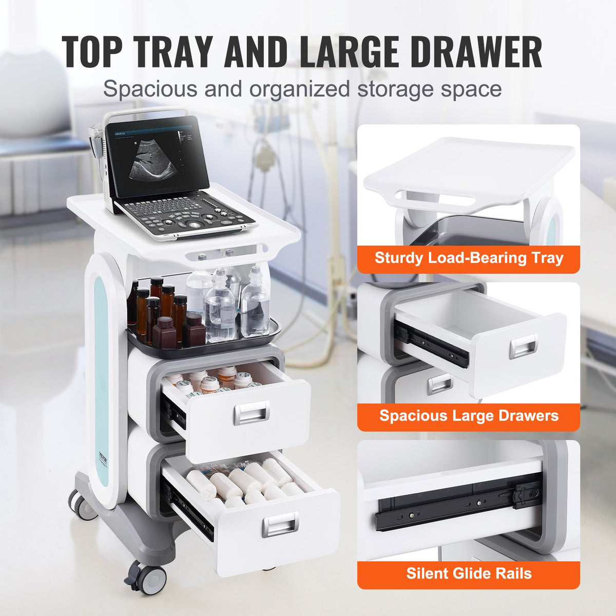 3-Tier Lab Utility Cart with 2 Drawers 1 Top Tray ABS Mobile Cart White