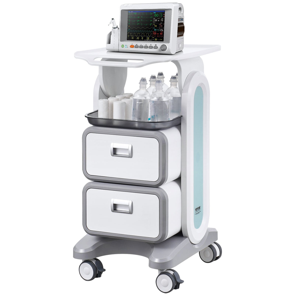 3-Tier Lab Utility Cart with 2 Drawers 1 Top Tray ABS Mobile Cart White
