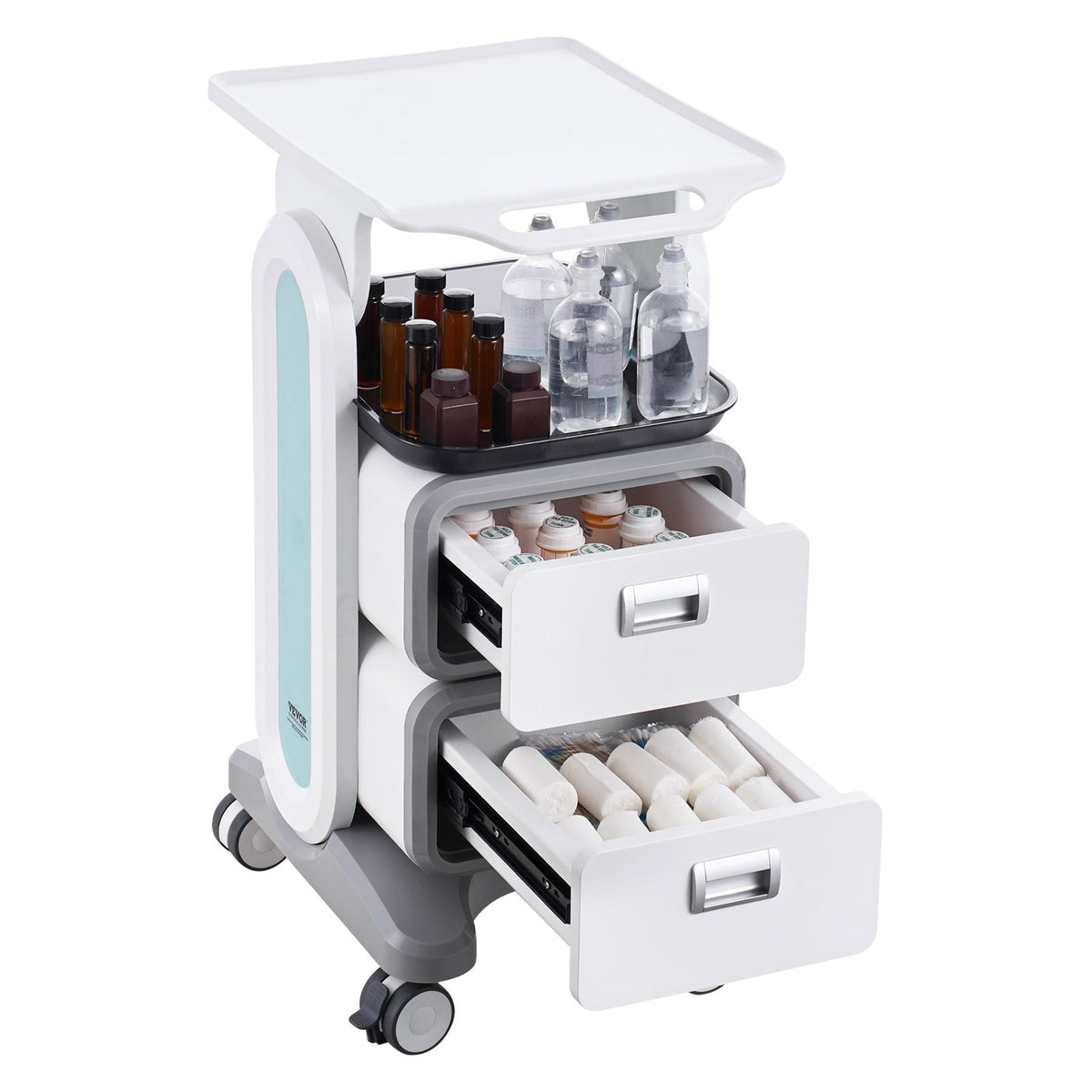 3-Tier Lab Utility Cart with 2 Drawers 1 Top Tray ABS Mobile Cart White