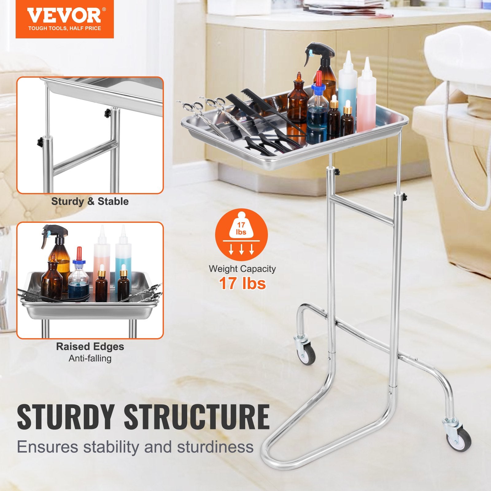 Stainless Steel Lab Cart Single Tray Mobile Medical Rolling 2 Silent Wheels
