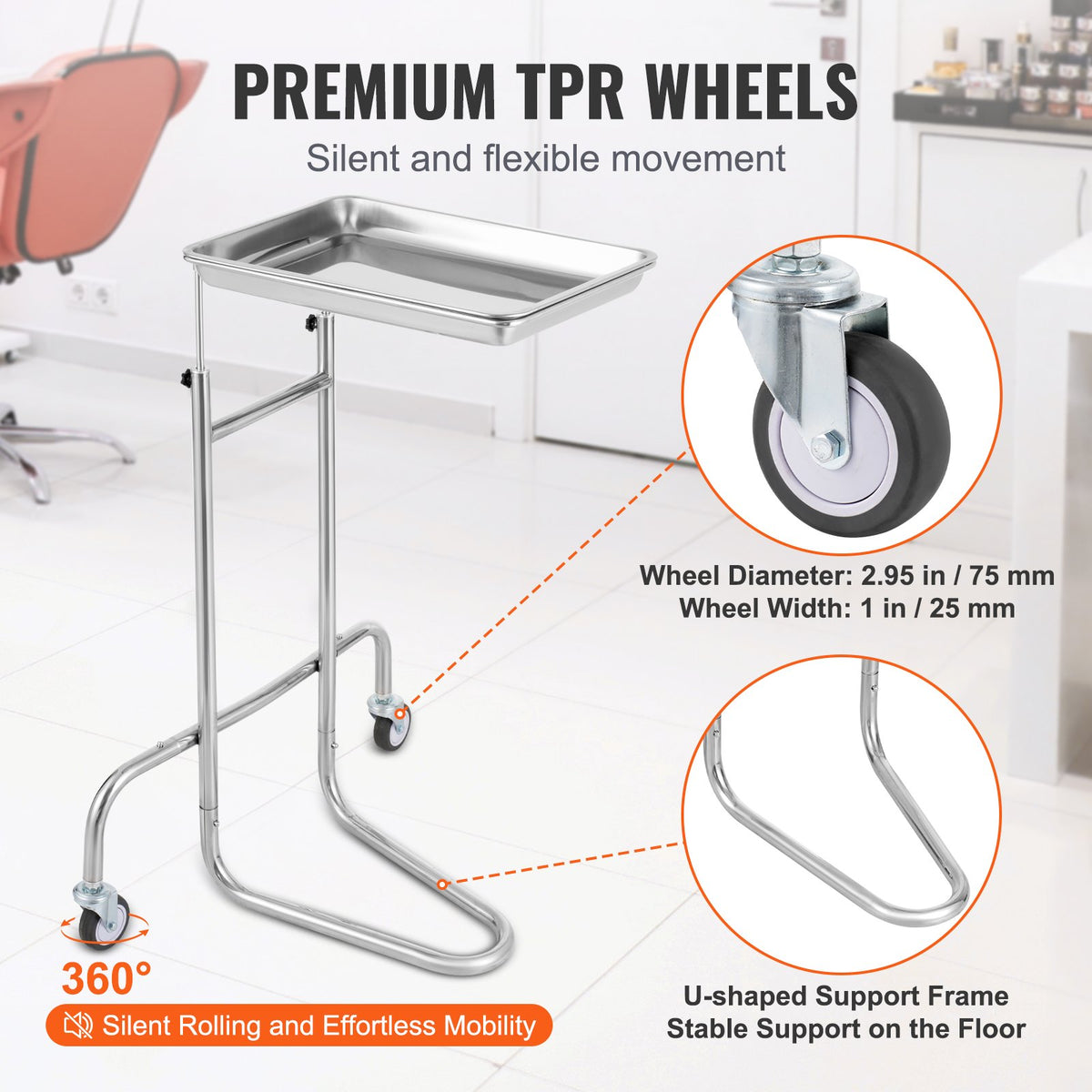Stainless Steel Lab Cart Single Tray Mobile Medical Rolling 2 Silent Wheels