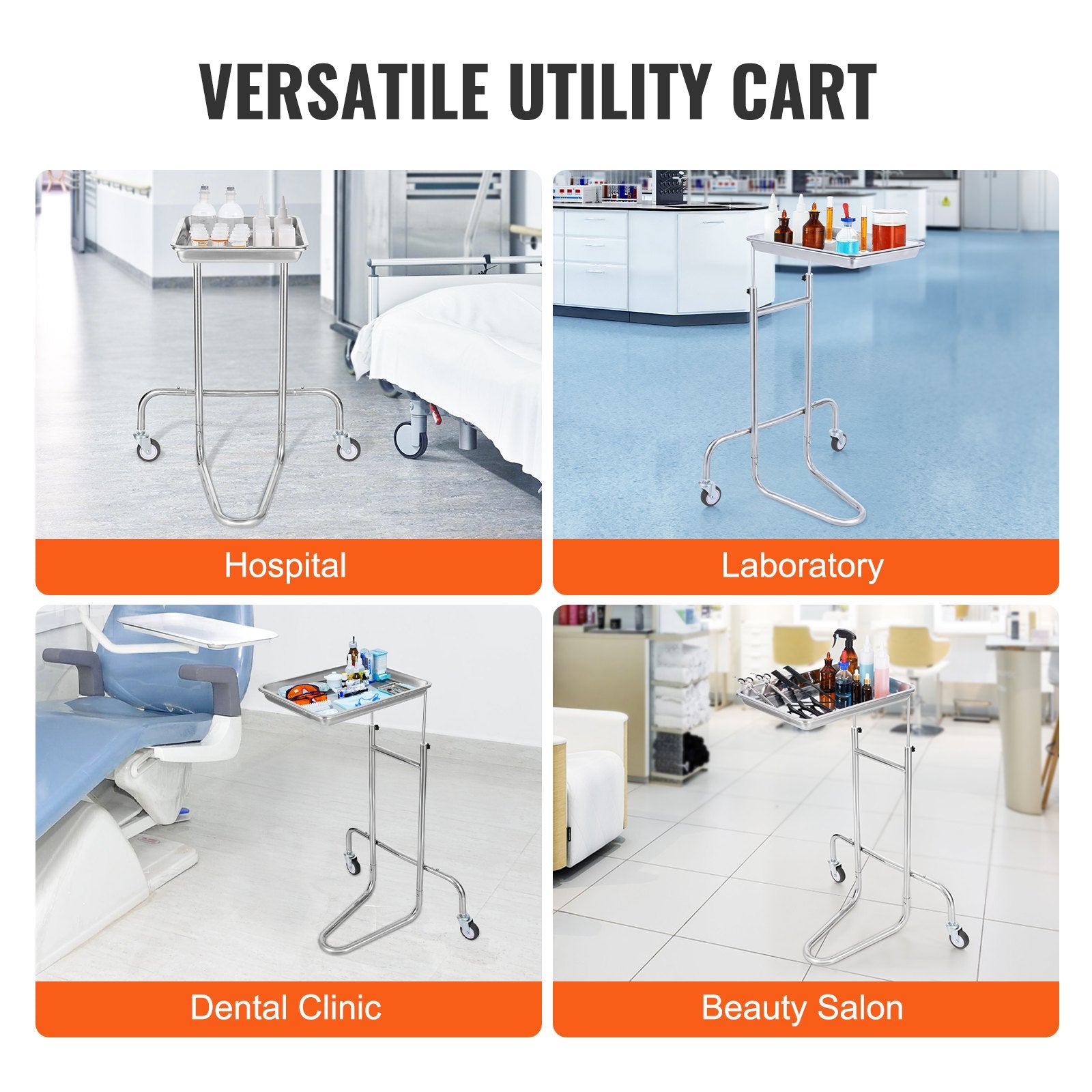 Stainless Steel Lab Cart Single Tray Mobile Medical Rolling 2 Silent Wheels