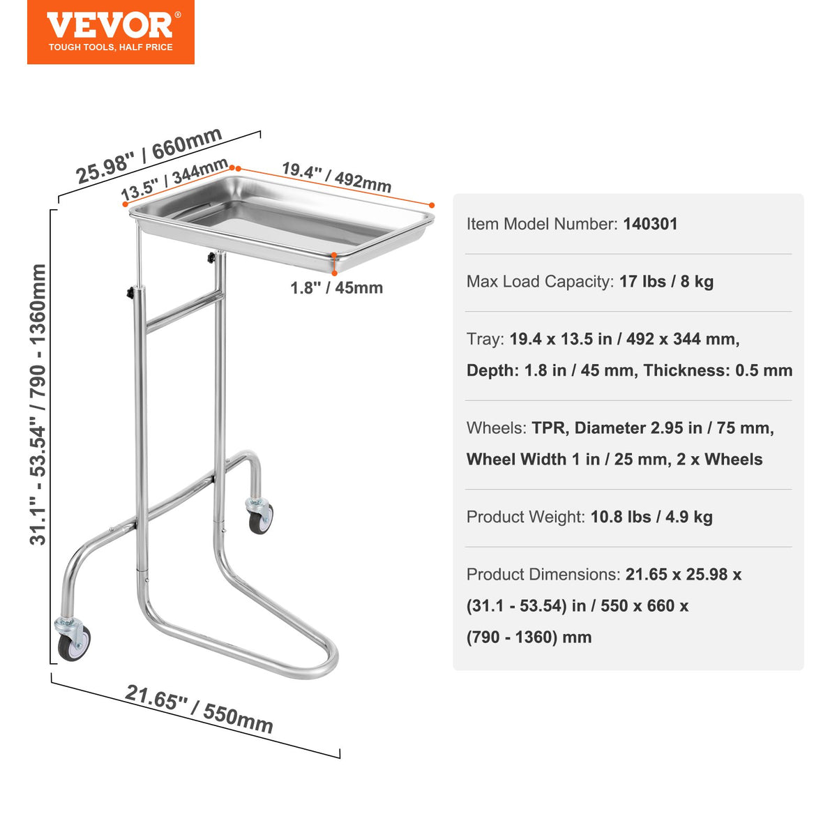 Stainless Steel Lab Cart Single Tray Mobile Medical Rolling 2 Silent Wheels