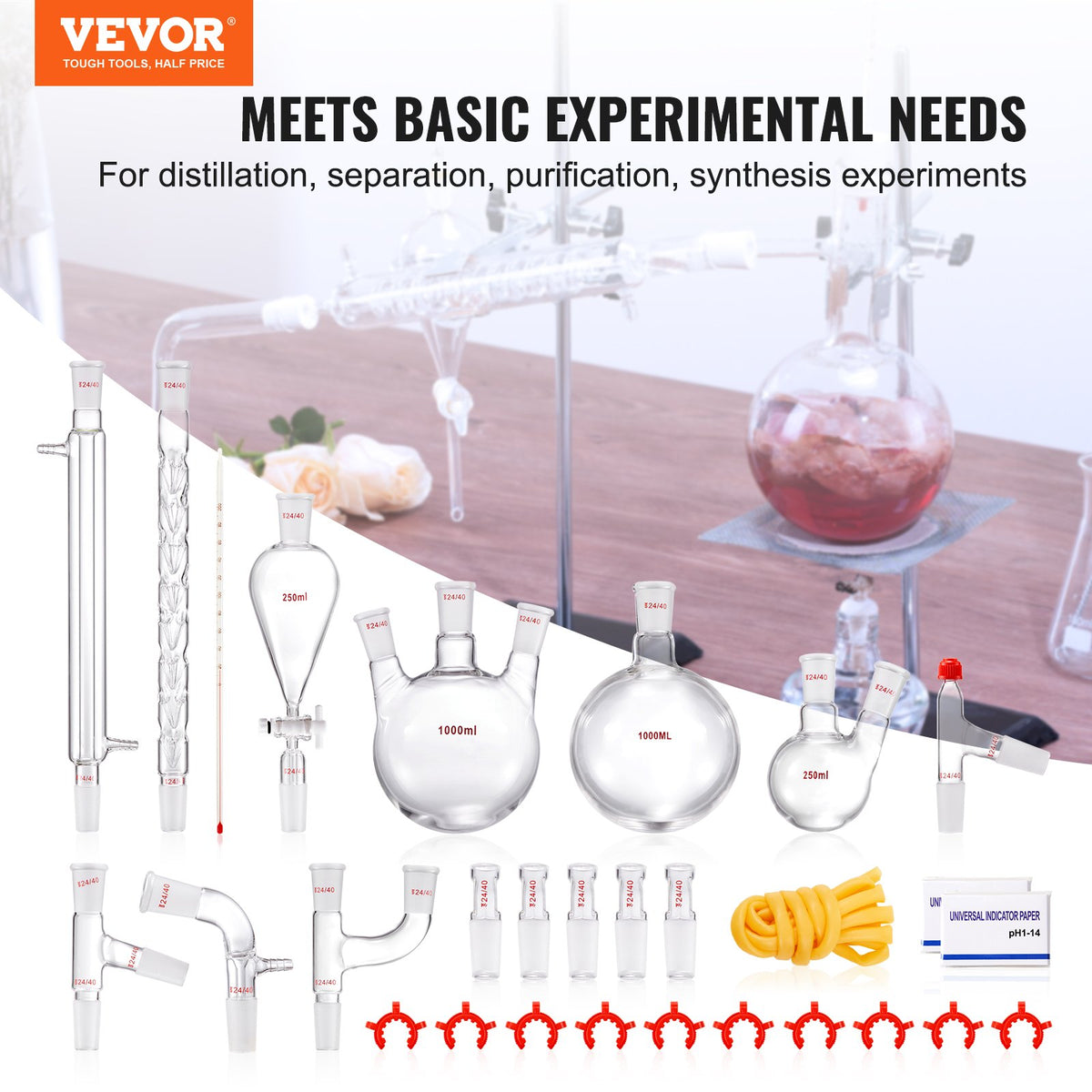 Lab Distillation Kit 1000ml Essential Oil Glassware with 24/40 Joint 29pcs Set