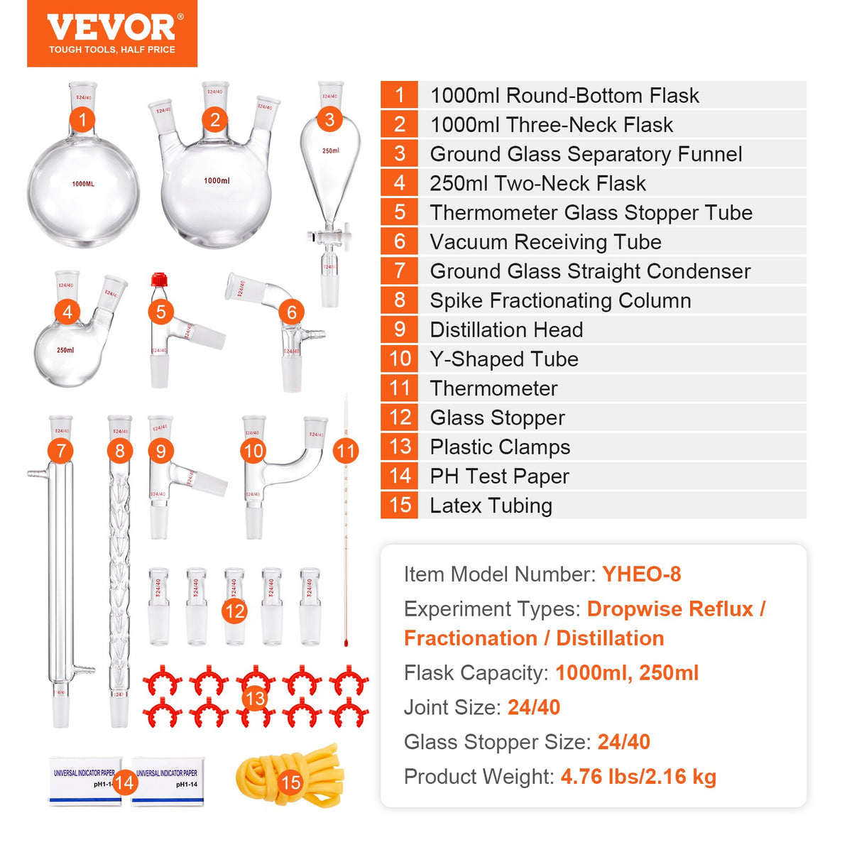Lab Distillation Kit 1000ml Essential Oil Glassware with 24/40 Joint 29pcs Set