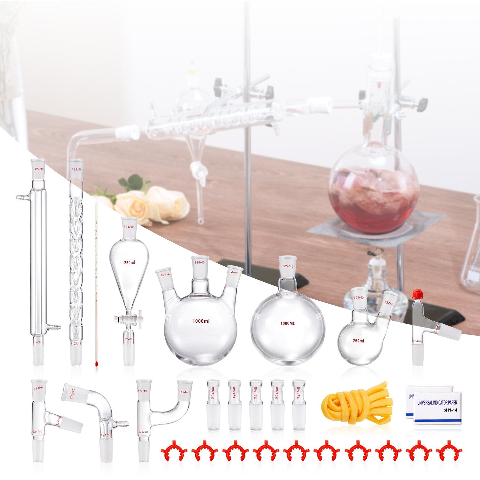 Lab Distillation Kit 1000ml Essential Oil Glassware with 24/40 Joint 29pcs Set