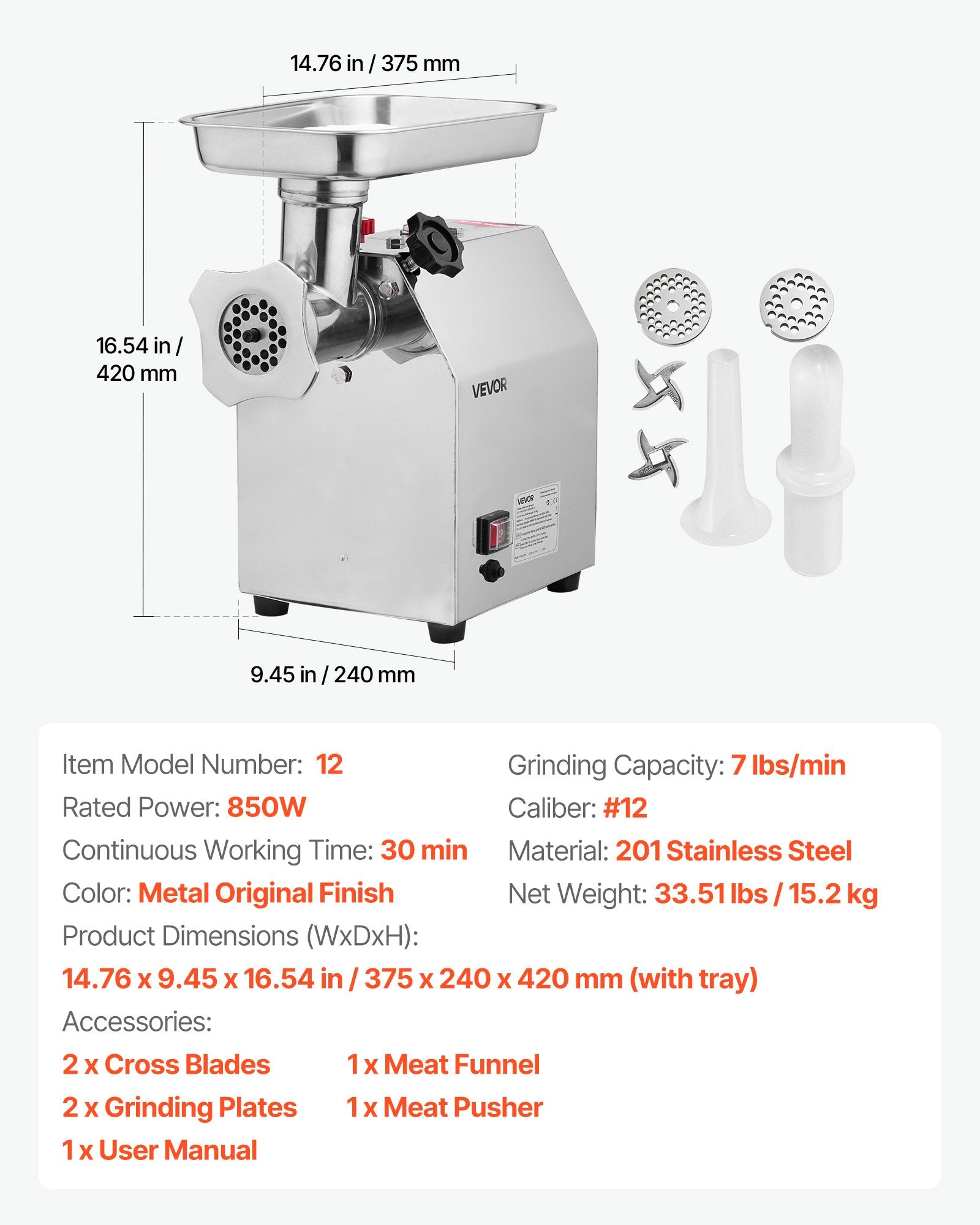 Electric Meat Grinder 5.5lbs/Min Industrial Mincer Blade Plate Sausage Maker