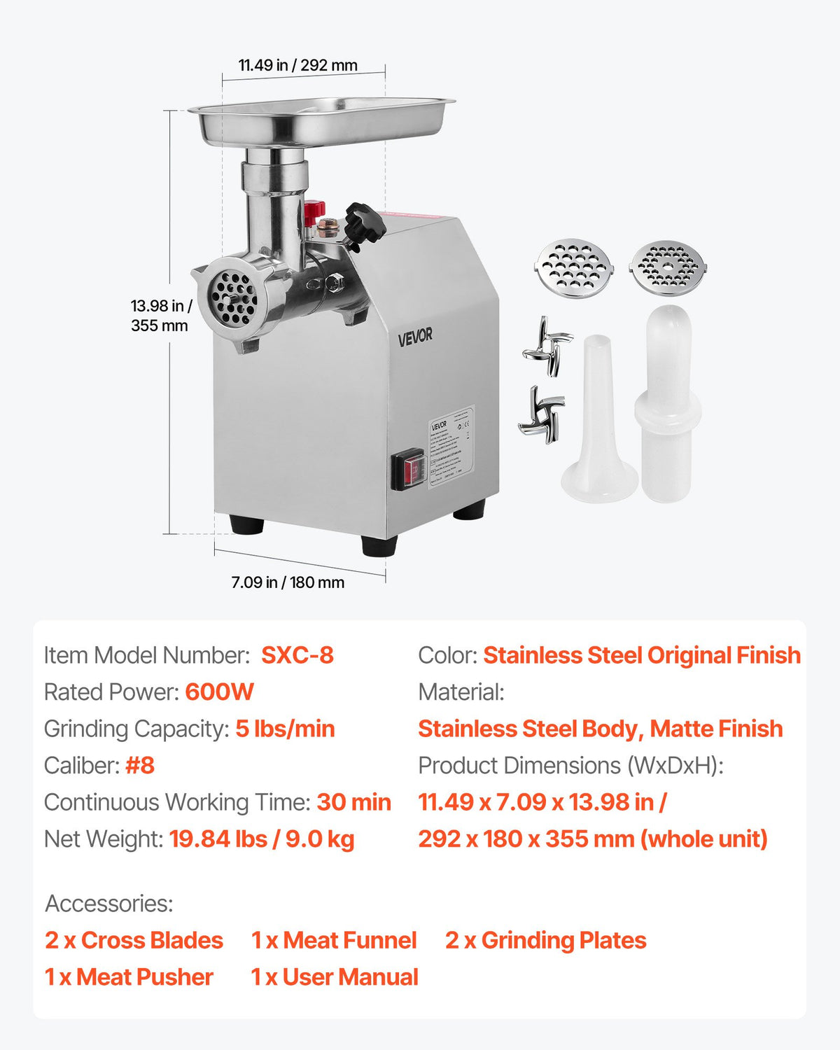 Electric Meat Grinder 4.5lbs/Min Industrial Mincer Blade Plate Sausage Maker