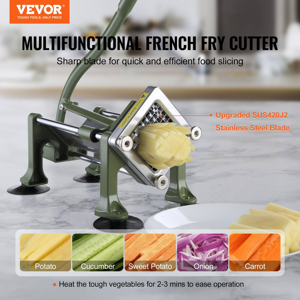 French Fry Cutter Potato Slicer 1/2 3/8 1/4in Stainless Steel Blades Suction