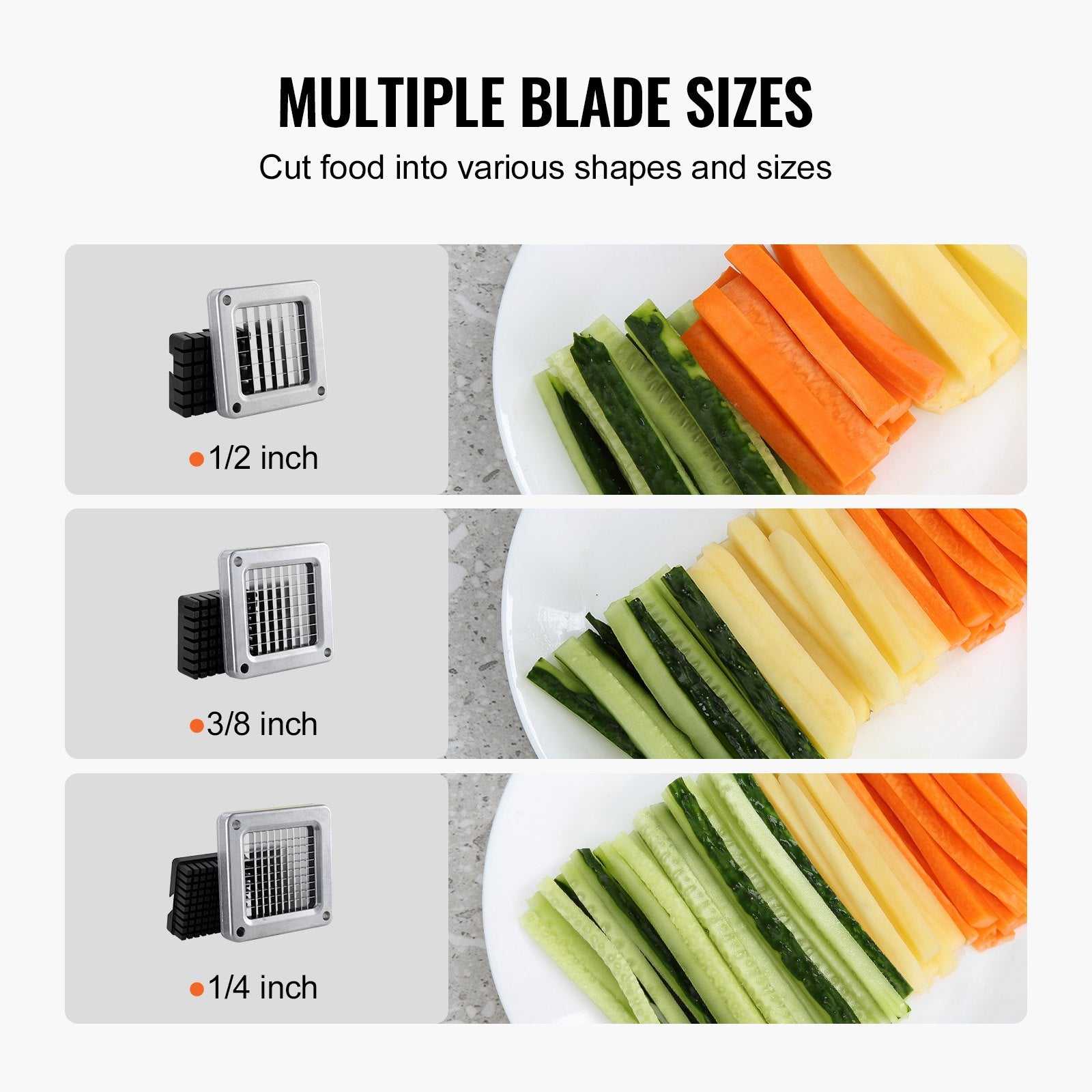 French Fry Cutter Potato Slicer 1/2 3/8 1/4in Stainless Steel Blades Suction