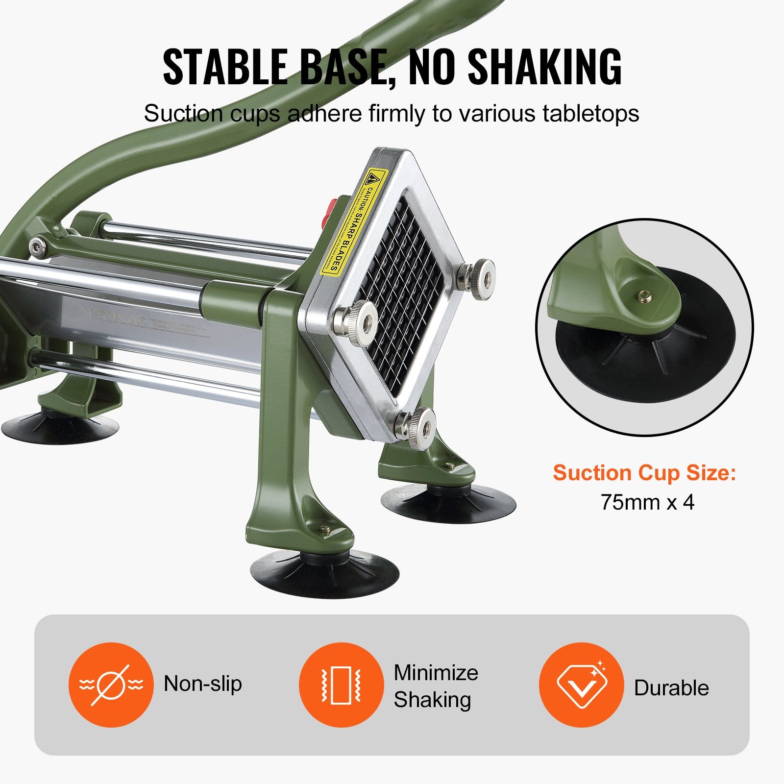 French Fry Cutter Potato Slicer 1/2 3/8 1/4in Stainless Steel Blades Suction