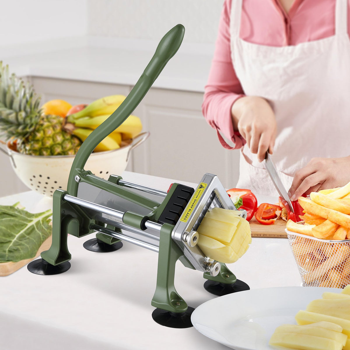 French Fry Cutter Potato Slicer 1/2 3/8 1/4in Stainless Steel Blades Suction