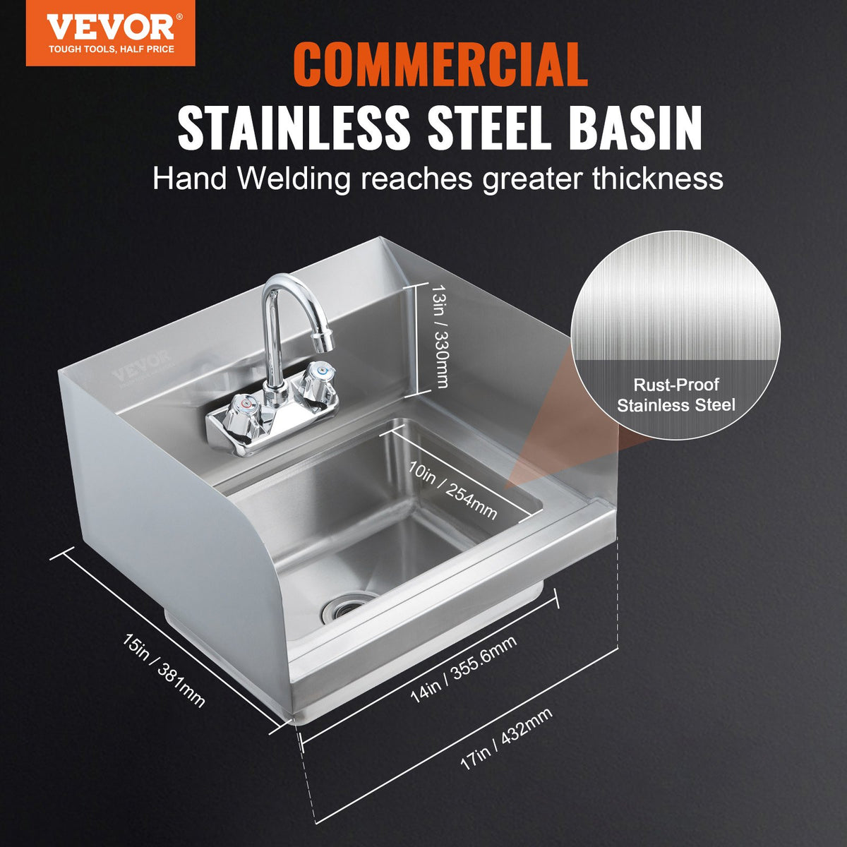 Commercial Hand Sink 43x33cm, Stainless Steel Wall-Mount with Faucet & Side Splash