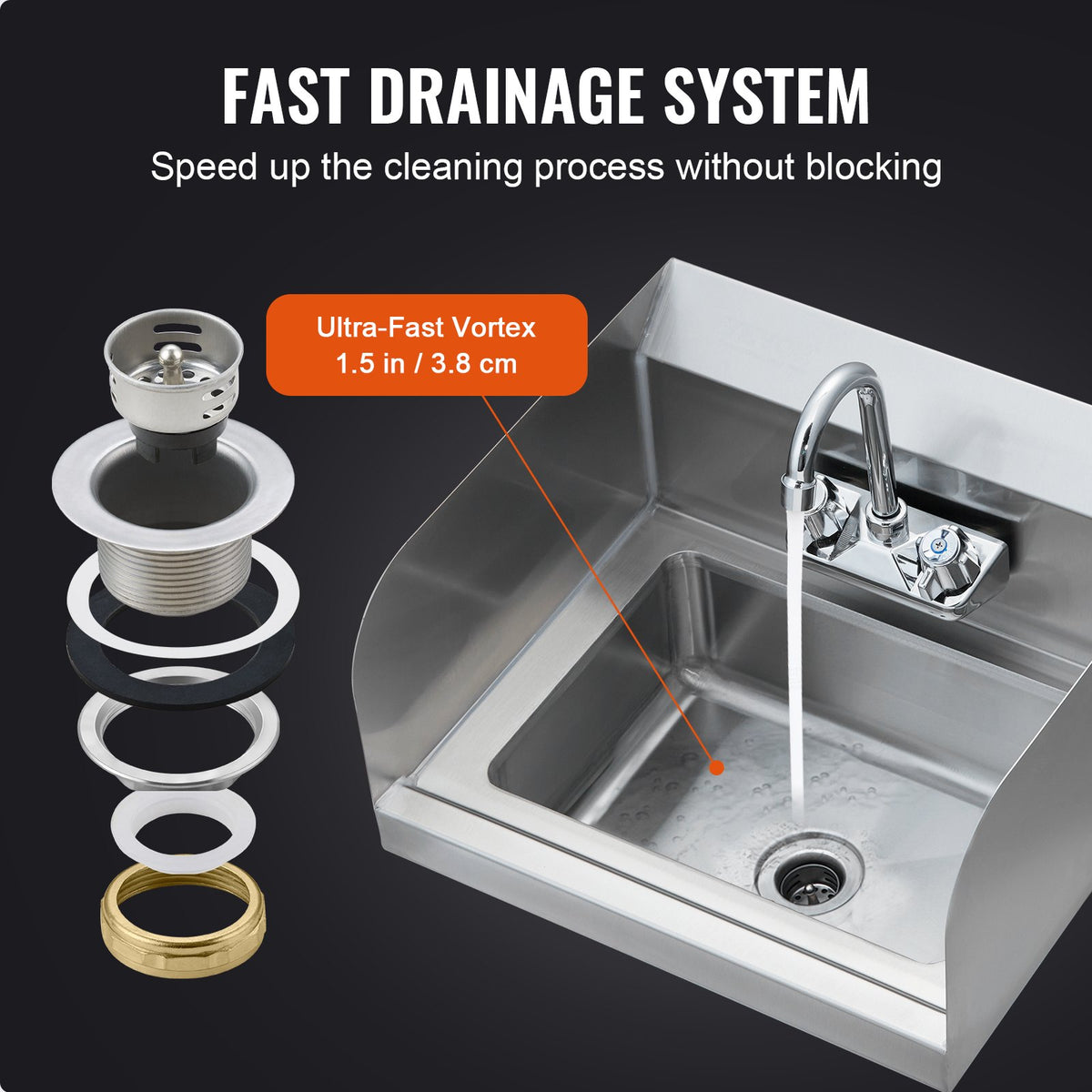 Commercial Hand Sink 43x33cm, Stainless Steel Wall-Mount with Faucet & Side Splash