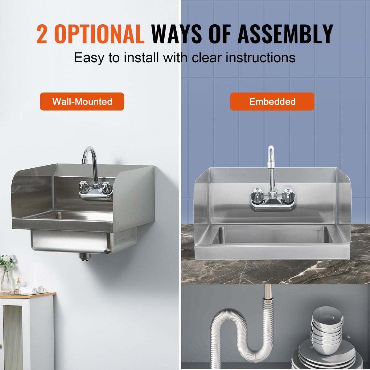 Commercial Hand Sink 43x33cm, Stainless Steel Wall-Mount with Faucet & Side Splash