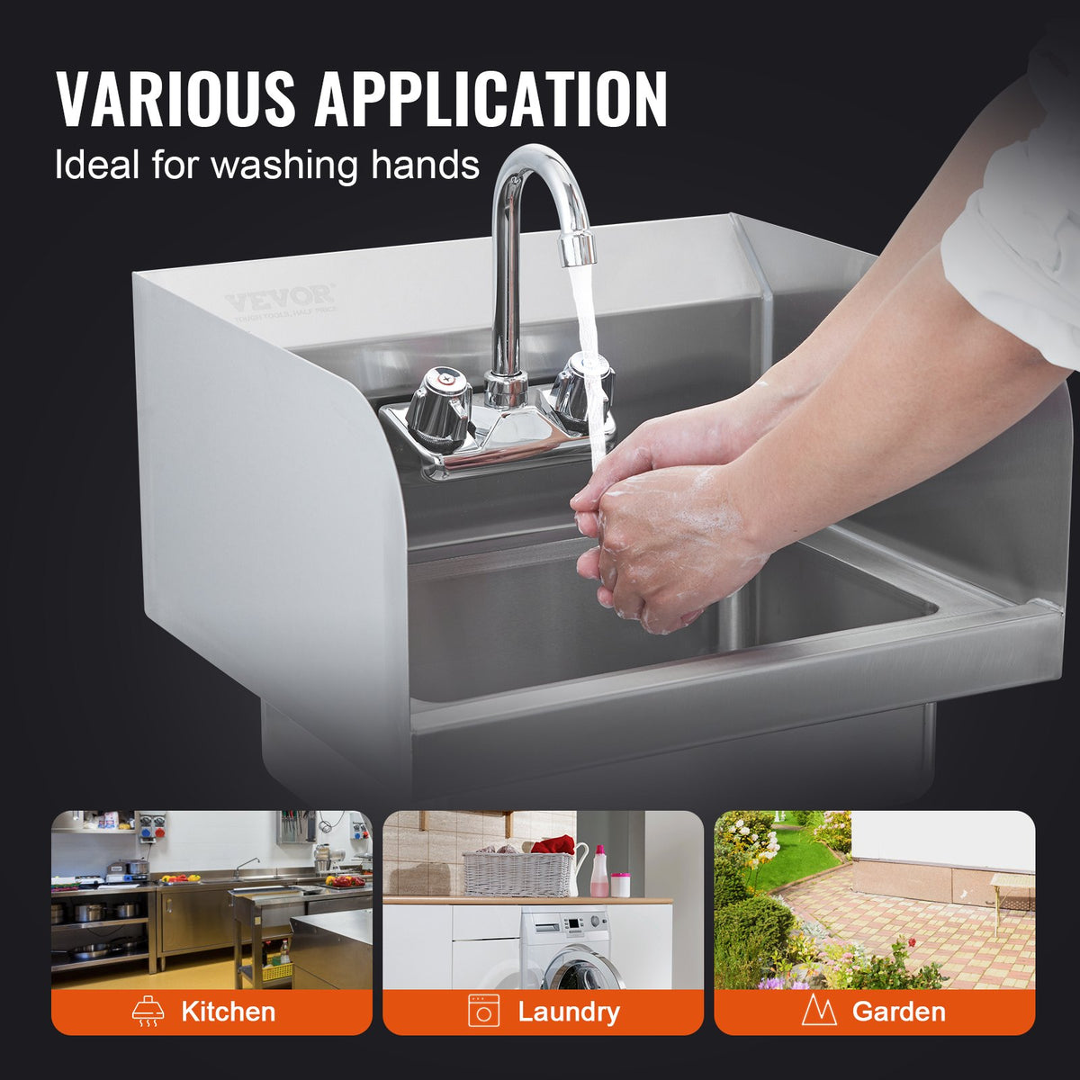 Commercial Hand Sink 43x33cm, Stainless Steel Wall-Mount with Faucet & Side Splash