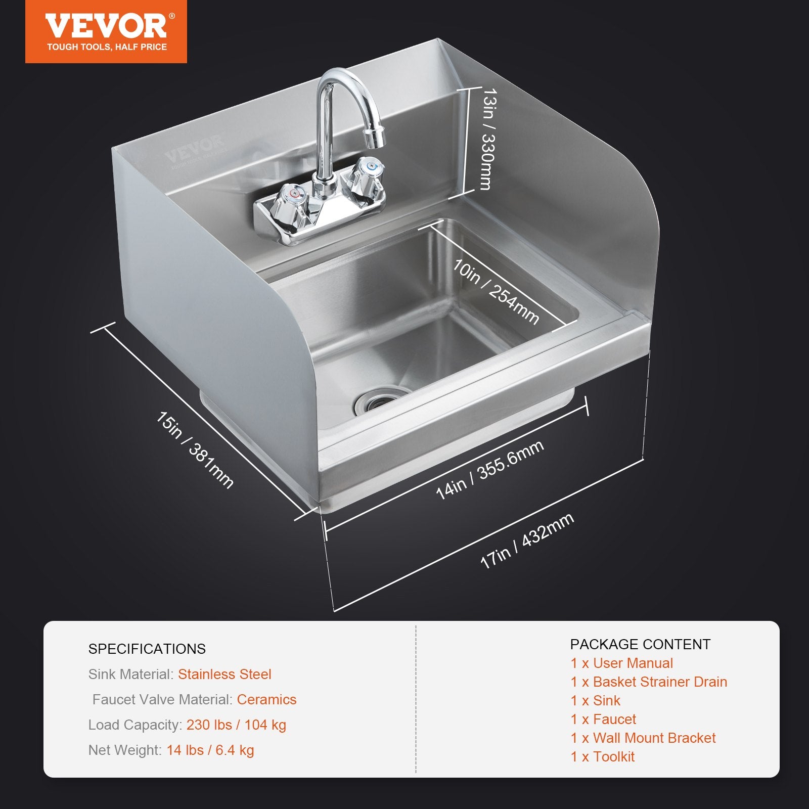 Commercial Hand Sink 43x33cm, Stainless Steel Wall-Mount with Faucet & Side Splash