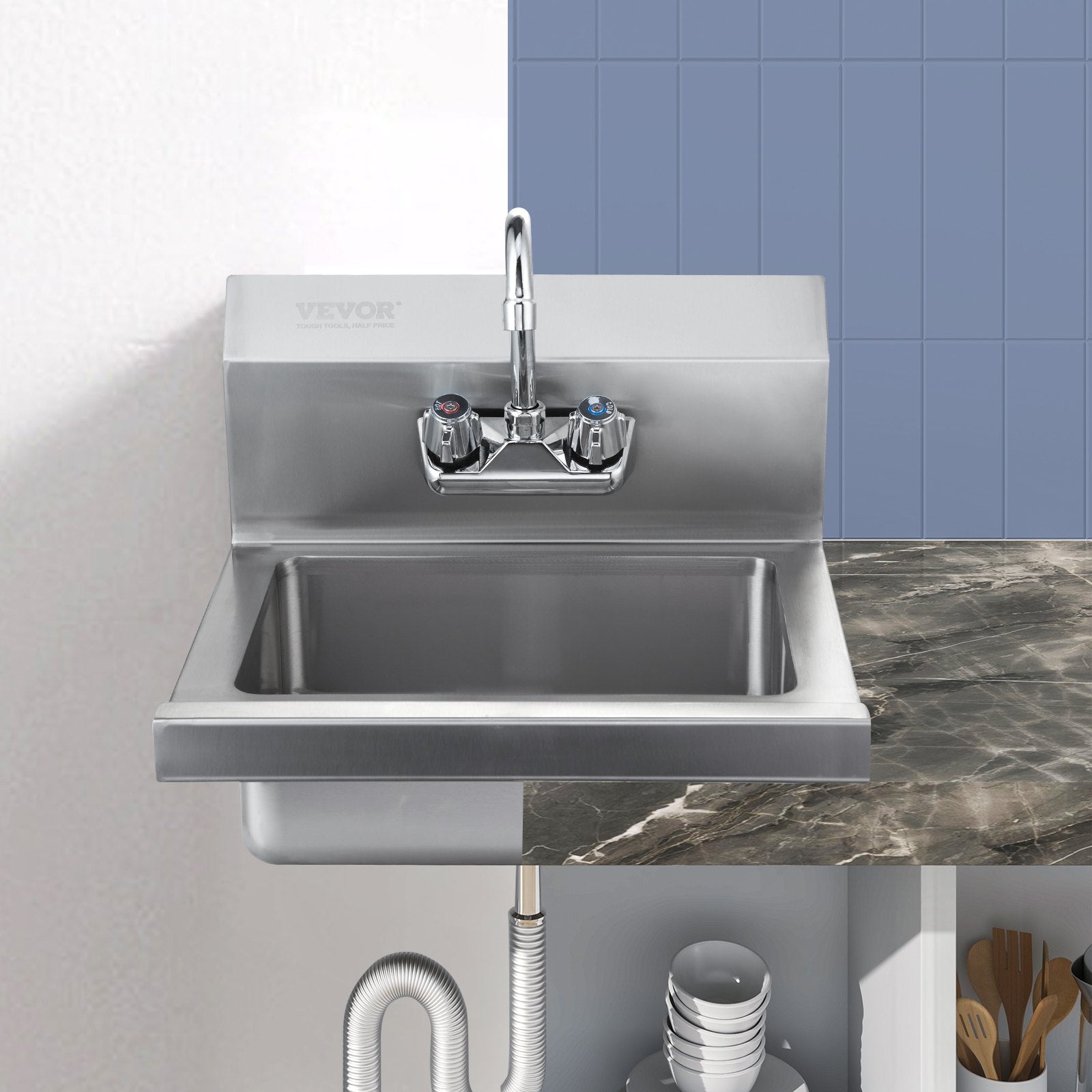 Commercial Hand Sink 43x33cm, Stainless Steel Wall-Mount with Faucet & Side Splash