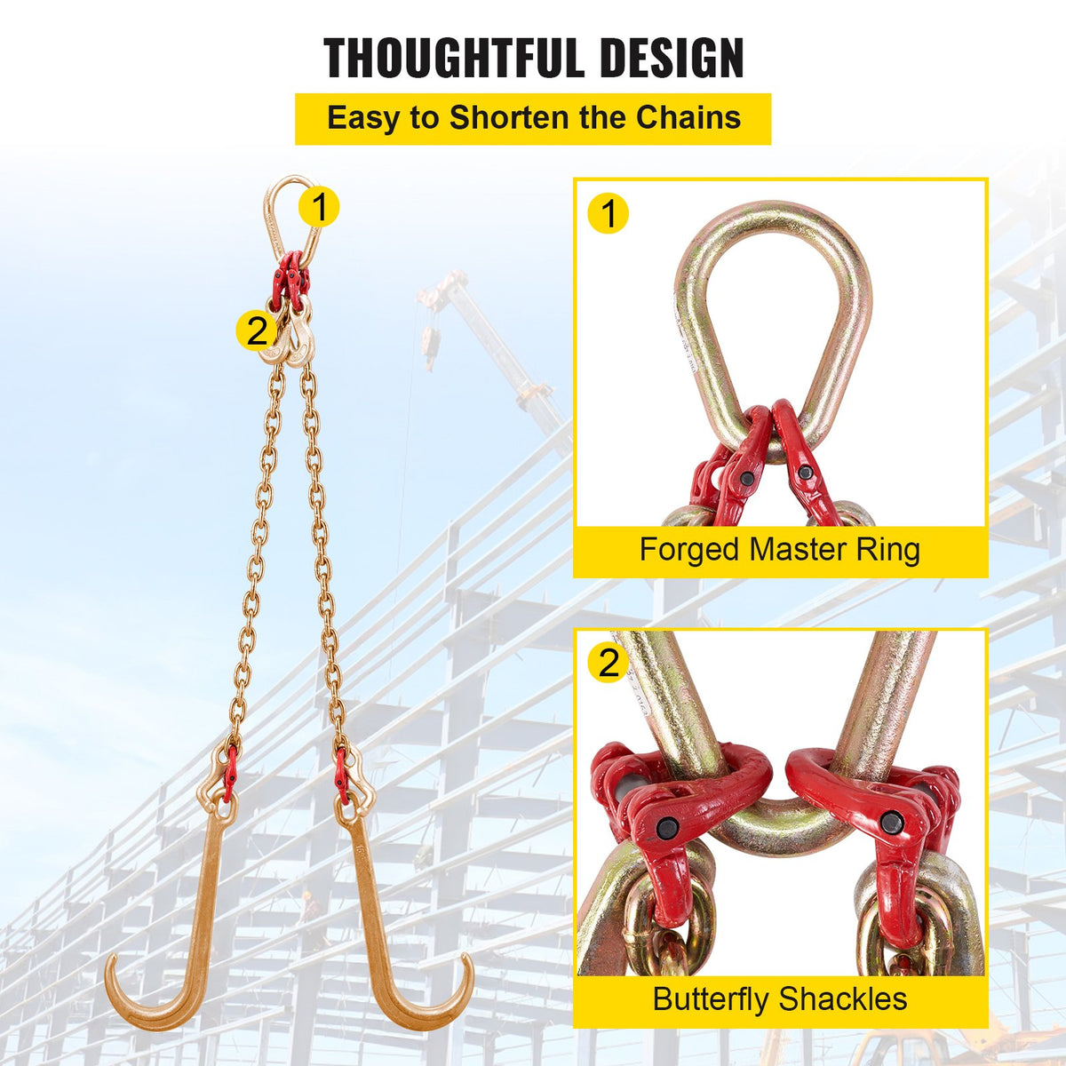 G80 V Bridle Chain 8mm x 60cm with J T Grab Hooks 4898kg Safe Load