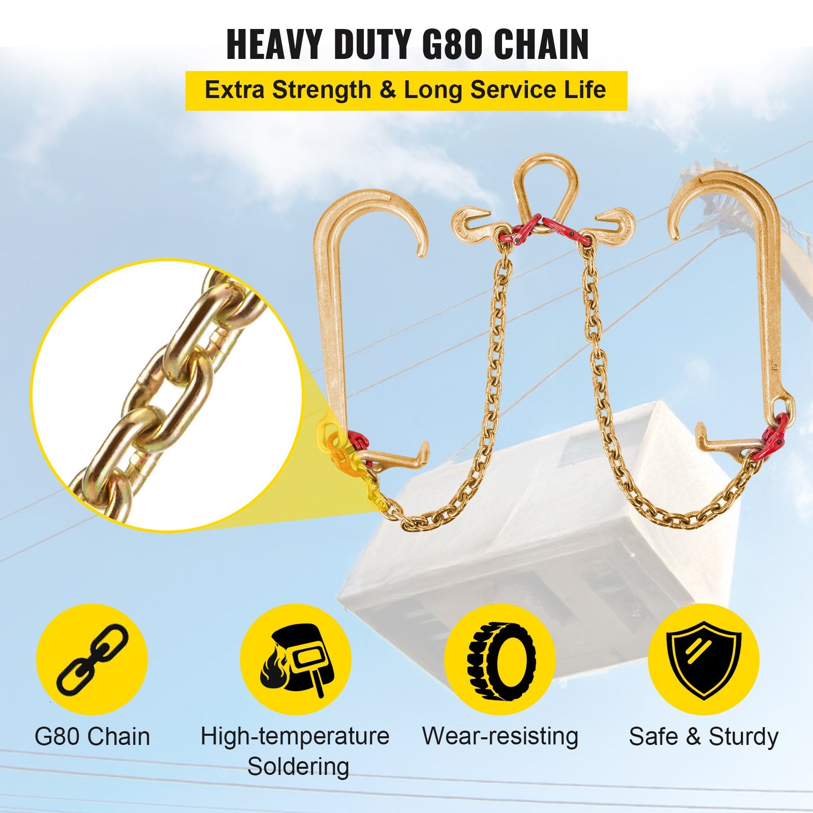 G80 V Bridle Chain 8mm x 60cm with J T Grab Hooks 4898kg Safe Load