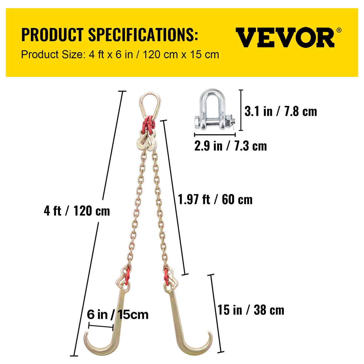 G80 V Bridle Chain 8mm x 60cm with J T Grab Hooks 4898kg Safe Load