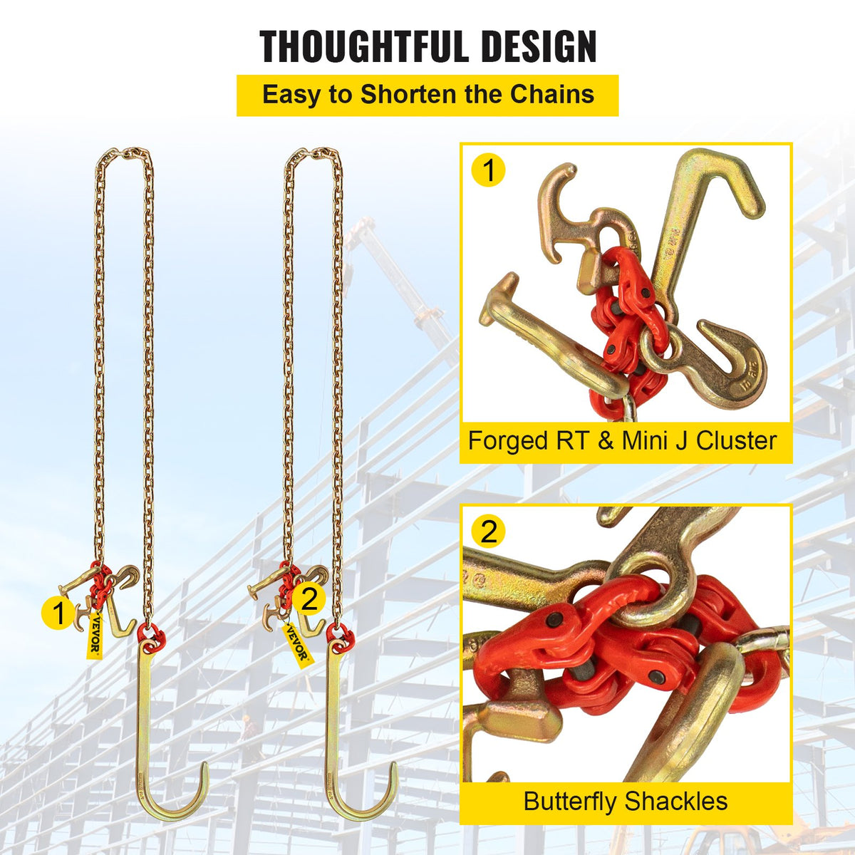 J Hook Chain 2PCS 8mmx300cm G80 Long Shank Tow Chain RTJ Cluster & Grab 2448kg