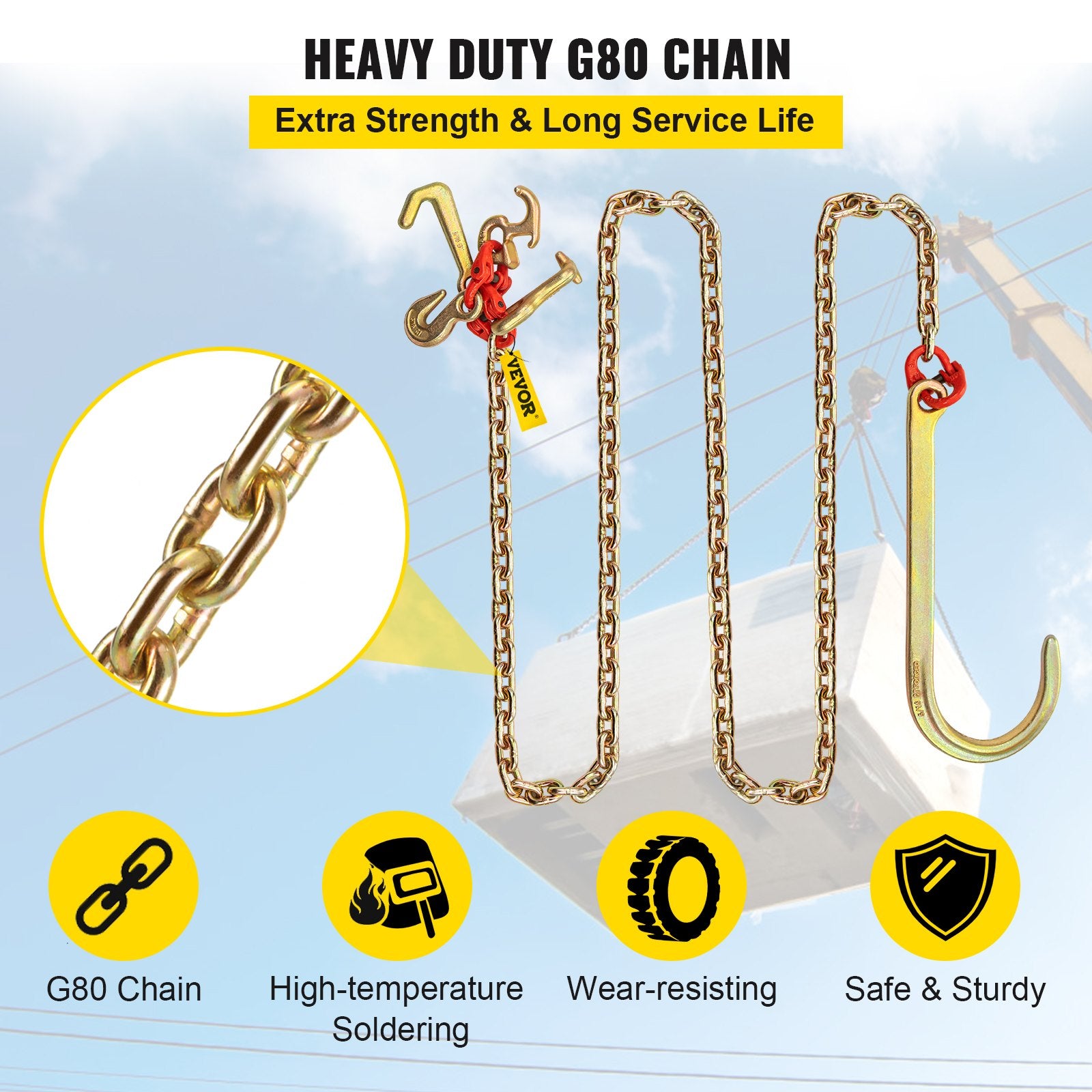 J Hook Chain 2PCS 8mmx300cm G80 Long Shank Tow Chain RTJ Cluster & Grab 2448kg