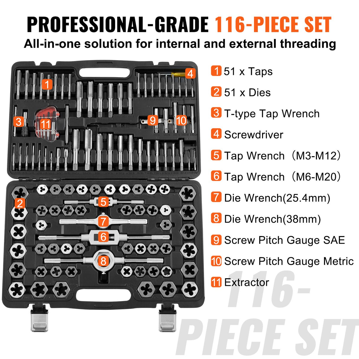 Tap and Die Set 116-Piece Metric SAE Bearing Steel Accessories Storage Case