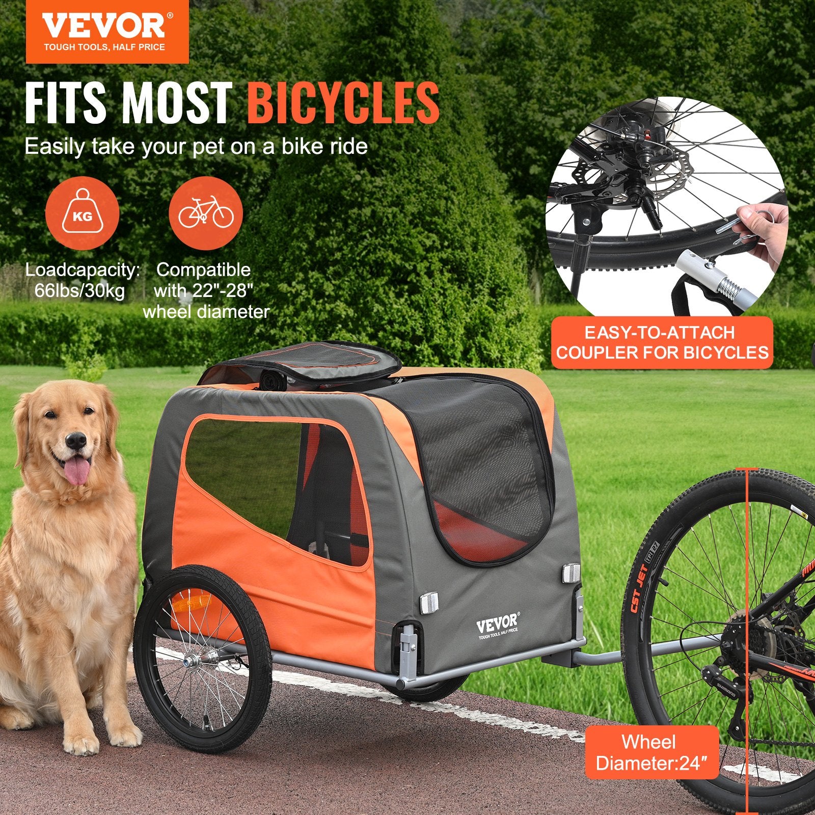 Dog Bike Trailer 30KG Pet Carrier Folding Frame Quick-Release Wheels Orange