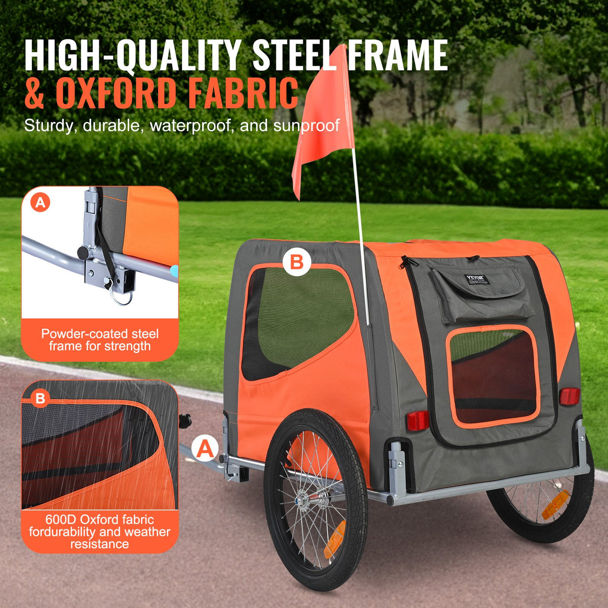 Dog Bike Trailer 30KG Pet Carrier Folding Frame Quick-Release Wheels Orange