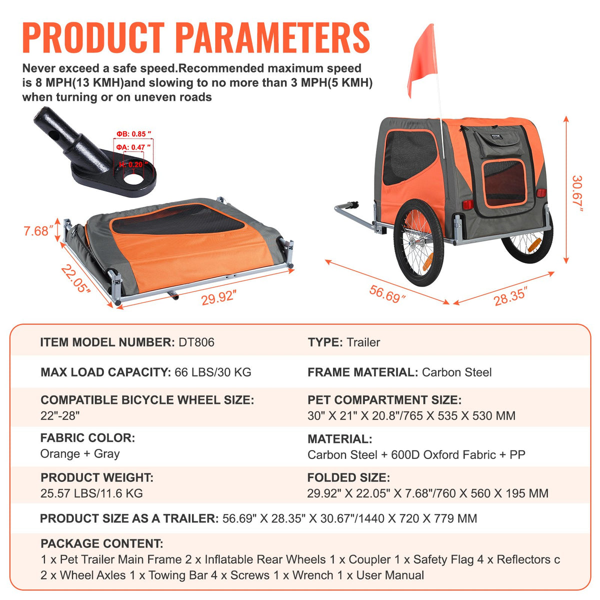 Dog Bike Trailer 30KG Pet Carrier Folding Frame Quick-Release Wheels Orange